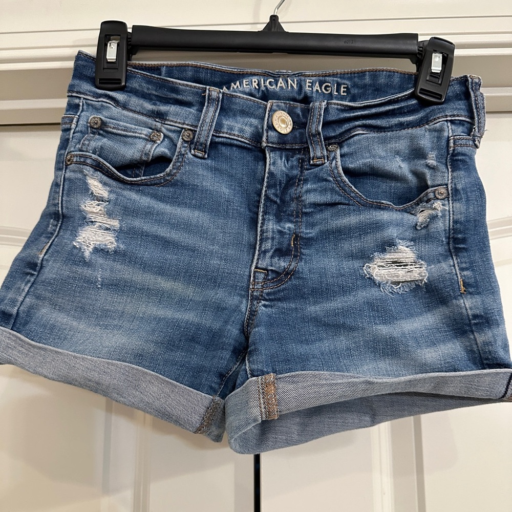 American Eagle Outfitters Women's Distressed Super Stretch Midi Denim Shorts